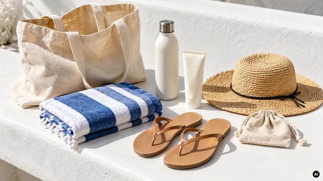 Saco de praia, toalha, garrafa, tubo sem marca, chapéu, chinelos e pequena bolsa