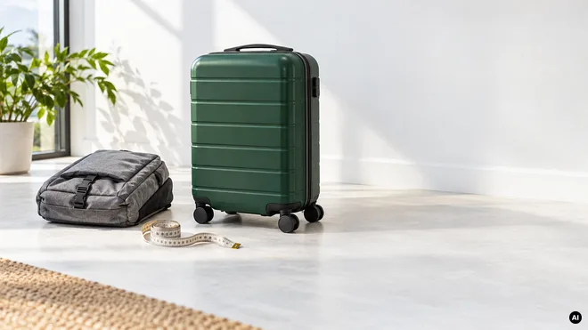 Mala rígida sem marca, mochila e fita métrica numa superfície clara
