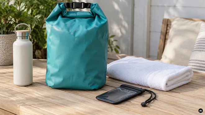 Saco de fecho enrolável, bolsa para telemóvel, toalha e garrafa numa mesa seca