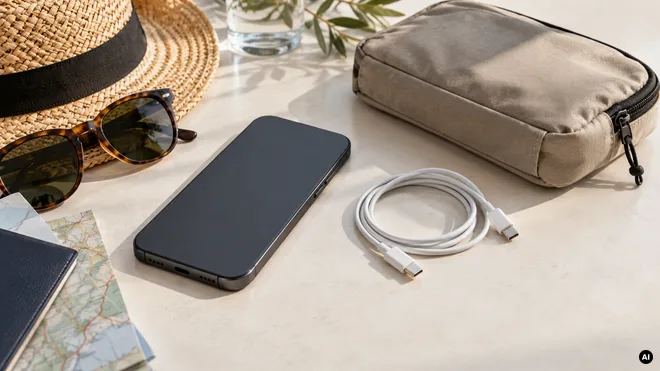 Telemóvel sem marca, cabo de carregamento e bolsa de viagem sobre uma mesa