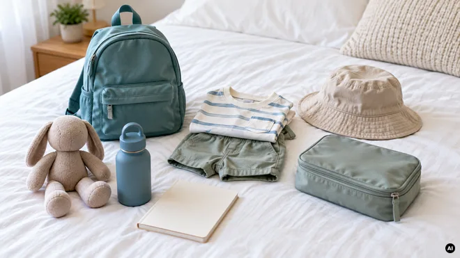 Mochila pequena, roupa leve, chapéu, bolsa, garrafa, brinquedo de tecido e livro sem texto