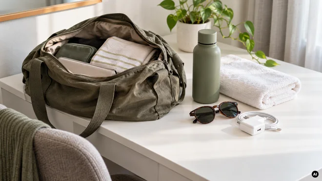 Saco de passeio com garrafa, toalha e carregador numa mesa
