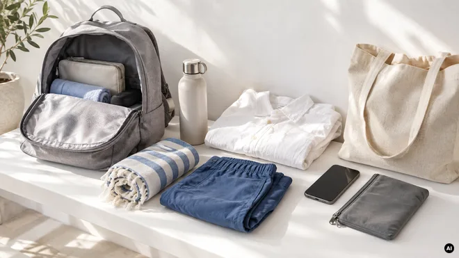 Mochila, saco de pano, roupa leve, garrafa, toalha, telemóvel e bolsa de documentos