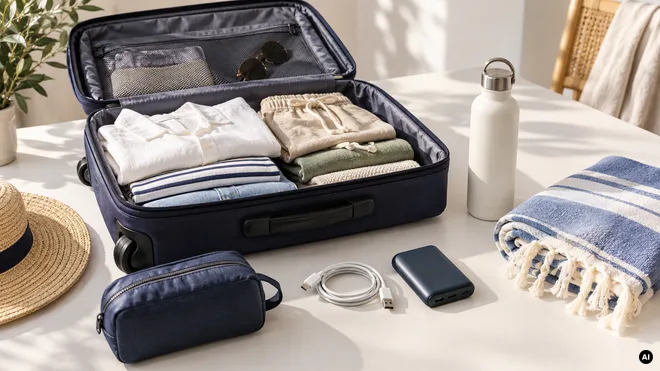Mala aberta com roupa de verão, bolsa, cabo, bateria externa, garrafa e toalha numa mesa
